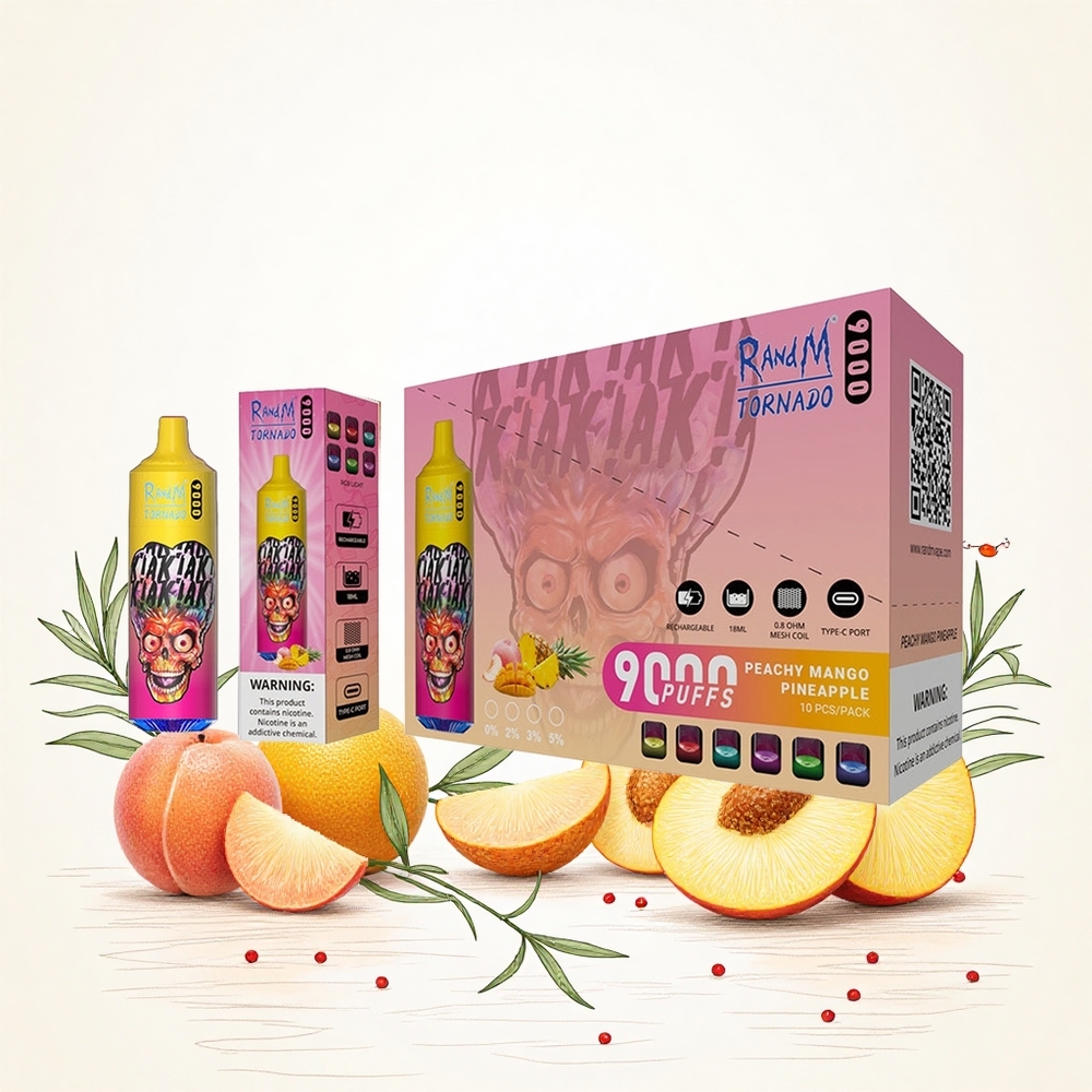 RandM Fumot Tornado 9000 Puffs 18 mL Elfolyadék Kapacitás és 850 mAh Akkumulátor Peachy Mango Ananász Hungary Vapes
