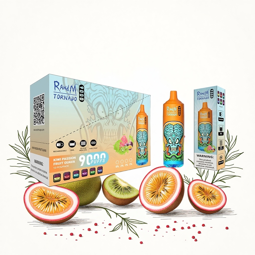RandM Fumot Tornado 9000 Puffs Eldobható E-cigaretta Kivi Passiógyümölcs Guava 18 mL E-liquid Kapacitás Hungary Vapes