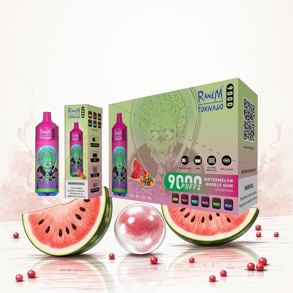 RandM Fumot Tornado 9000 Puffs Görögdinnye Buborékrágó 18 mL E-liquid és 850 mAh Tölthető Hungary Vapes