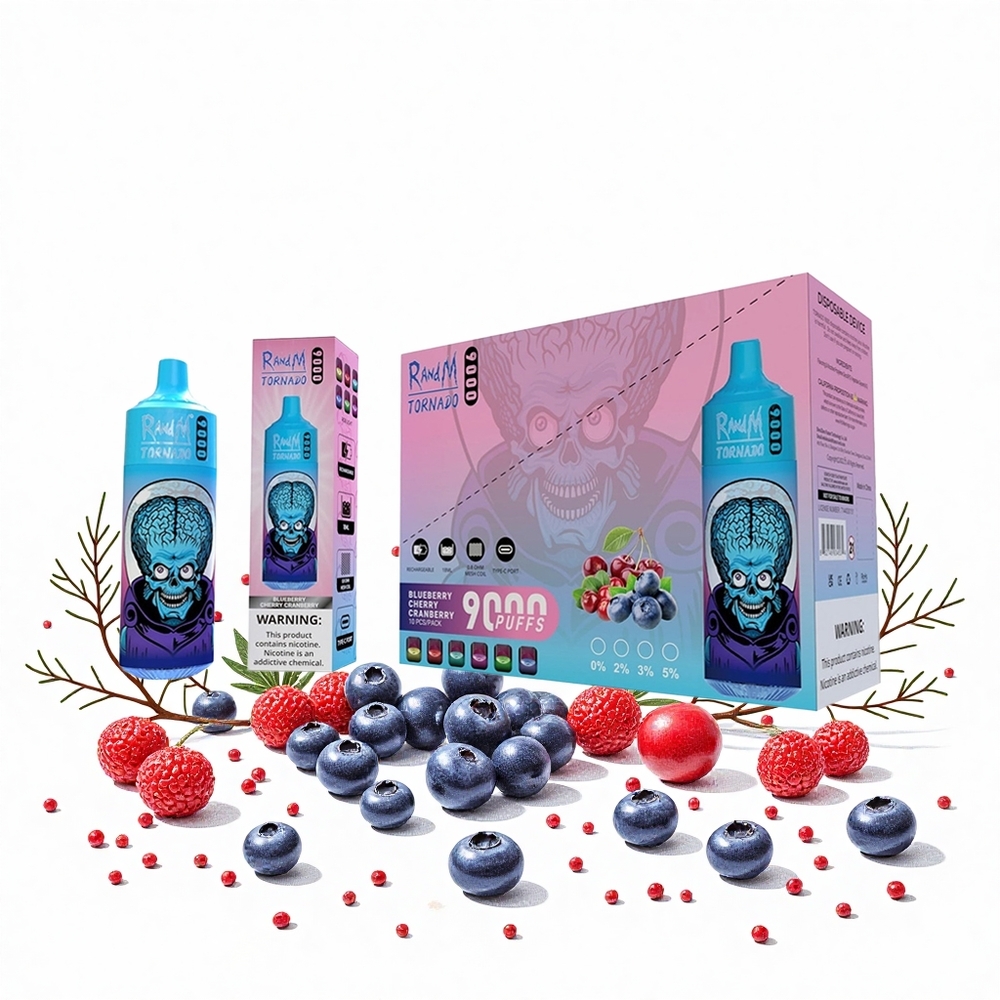 RandM Fumot Tornado 9000 Puffs Áfonya-Cseresznye-Vágbogyó 18 mL E-likvidum és 850 mAh Tölthető Akkumulátor Hungary Vapes