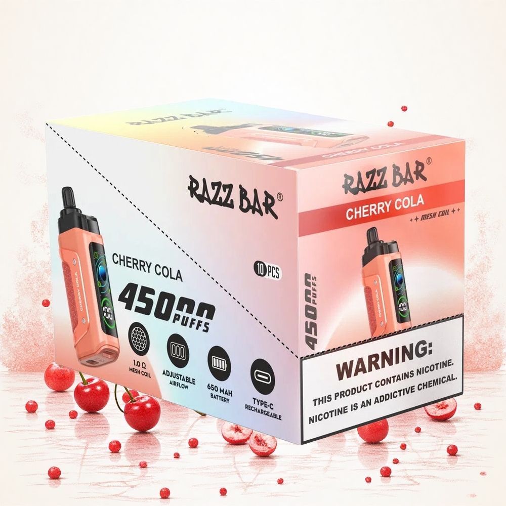 Razz Bar 45000 Puffs Eldobható E-szigaretta Cseresznyes Kóla 10 Ohm Mesh Coil és Állítható Légáramlás Hungary Vapes