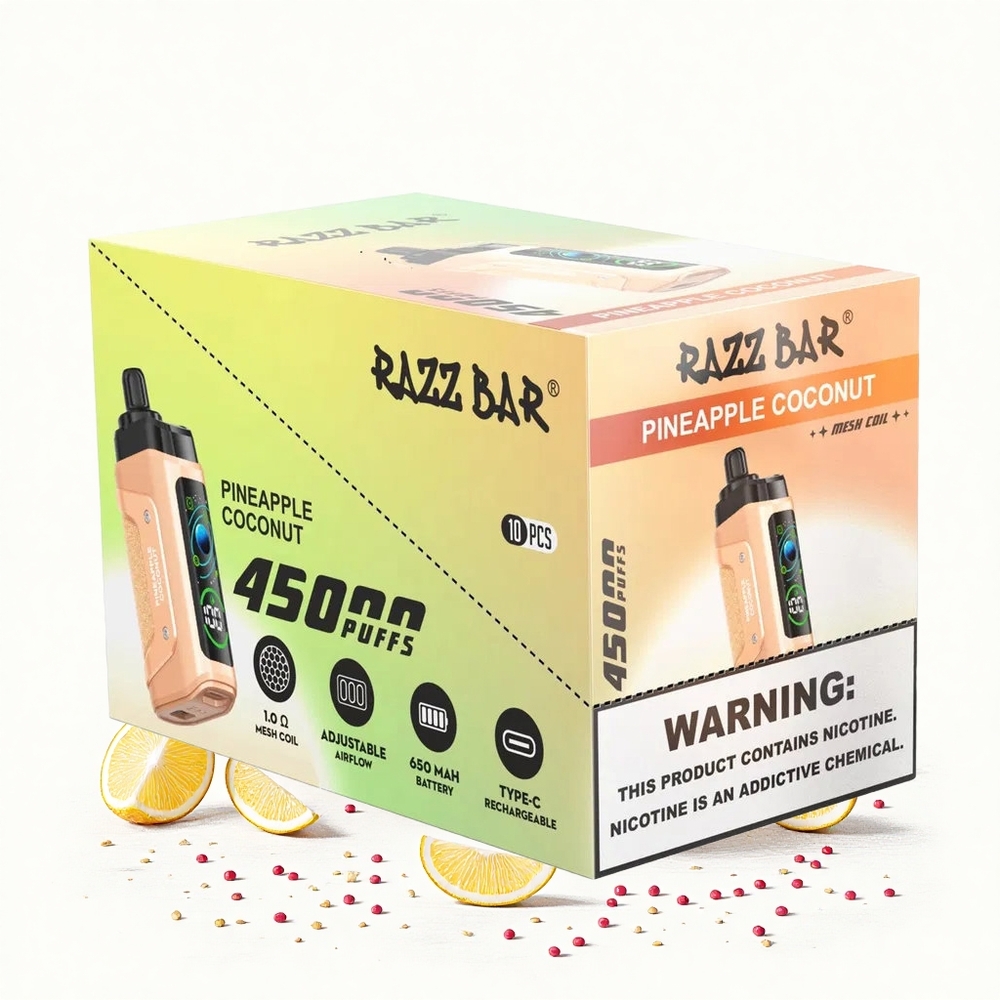 Razz Bar 45000 Puffs Eldobható Vape Ananász Kókusz 10 Ohm Mesh Coil 20 mg/ml Nikotinerőség Hungary Vapes
