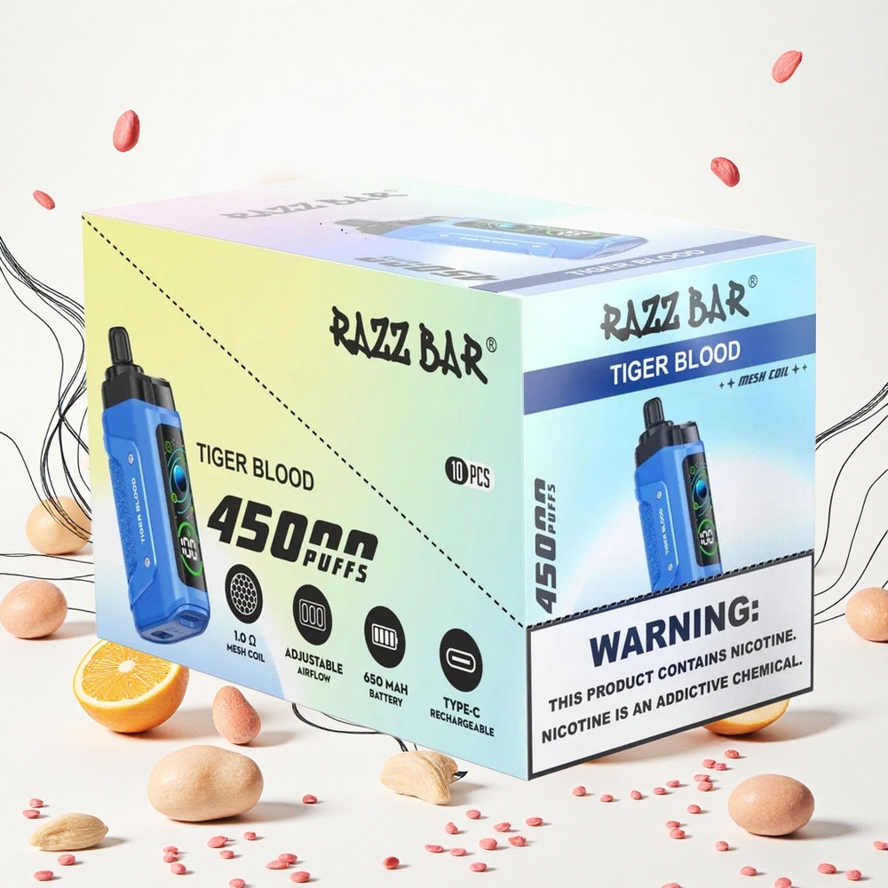 Razz Bar 45000 Puffs Eldobható Vape Tigrisvér 10 Ohm Mesh Coil és 20 mg/ml Nikotin Hungary Vapes