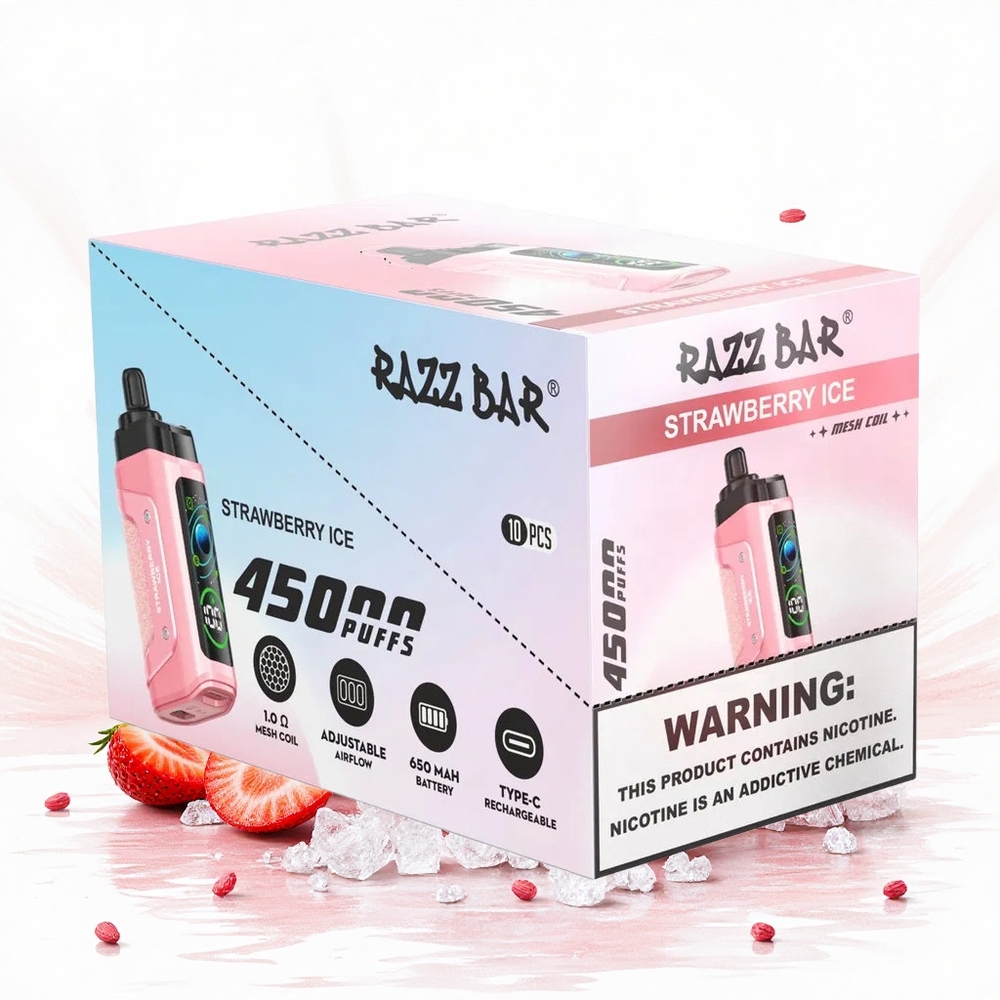 Razz Bar 45000 Puffs Elszippantható Vape Eper Jég 10 Ohm Mesh Coil 20 mg/ml Nikotin Hungary Vapes
