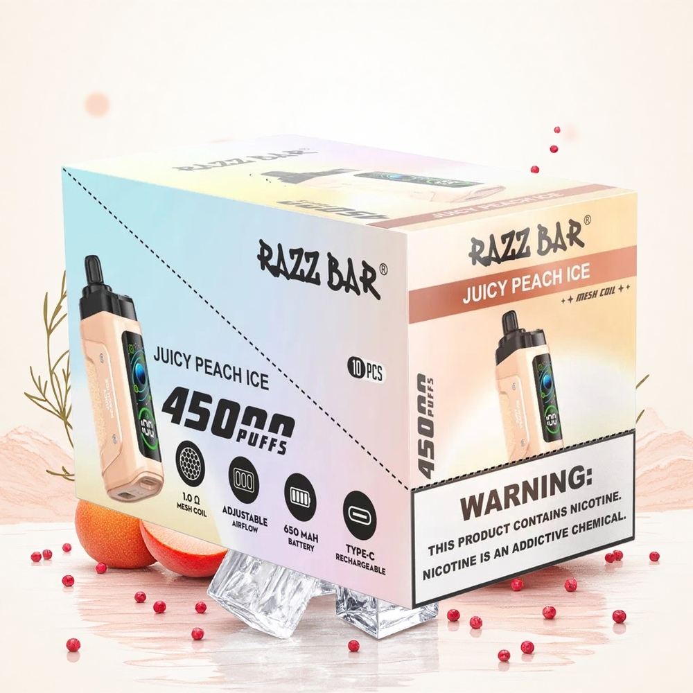 Razz Bar 45000 Puffs Ízletes Barack Jég elszívható e-cigaretta 10 Ohm Mesh Coil 20 mg/ml Nikotin Hungary Vapes